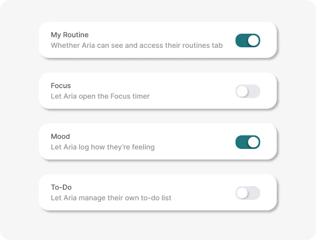 The DaySteps feature access settings, with a separate switch for the routines tab, the Focus timer, Mood logging, and the child's own to-do list, each naming the child it applies to