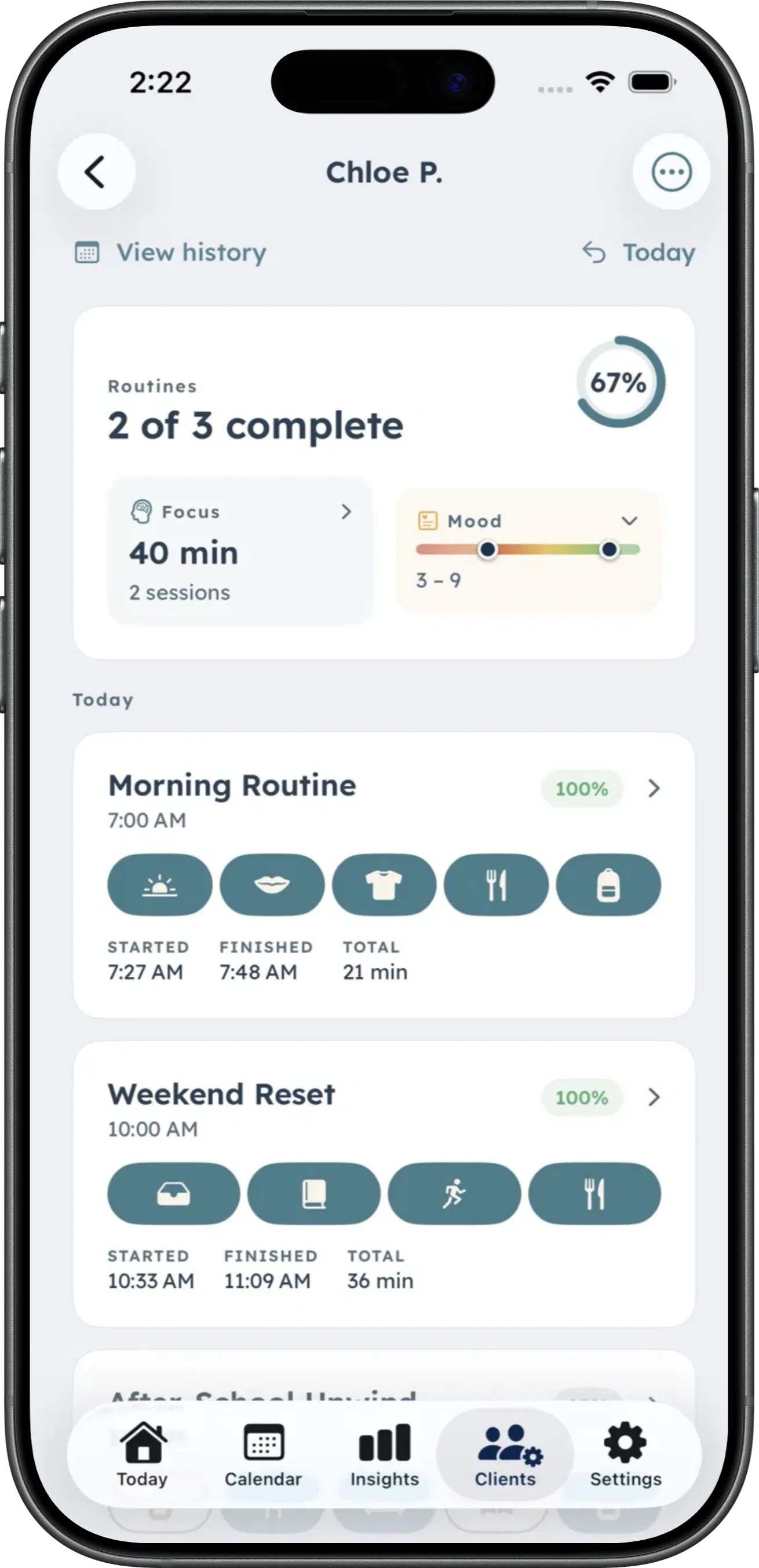 DaySteps clinician view of between-session routine completion and friction data