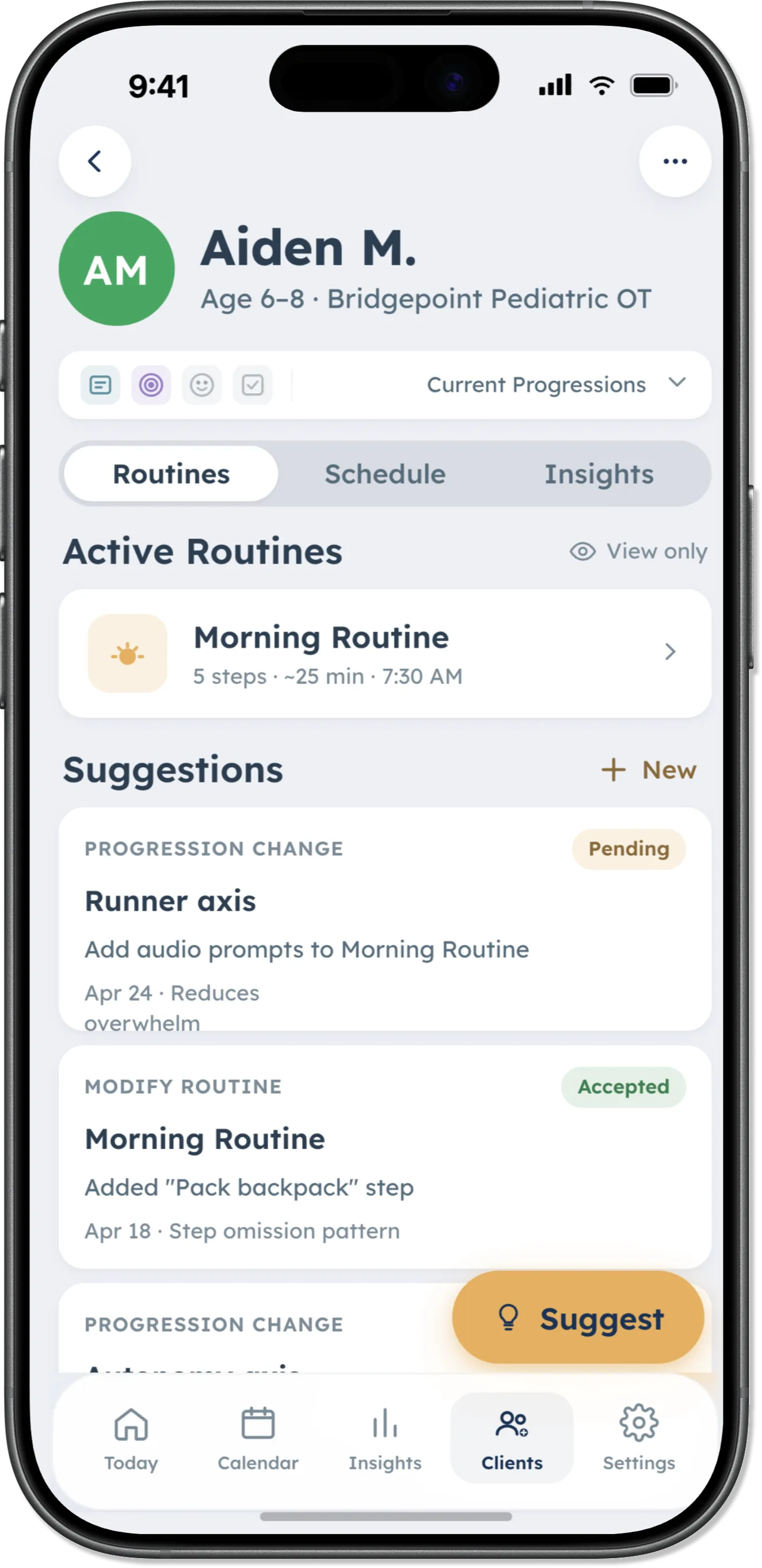 DaySteps clinician suggestion view showing a recommended routine adjustment pending parent approval