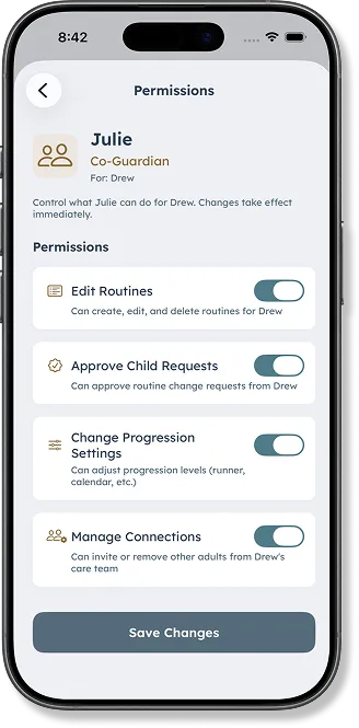 DaySteps app showing connection codes and permission controls for sharing with caregivers