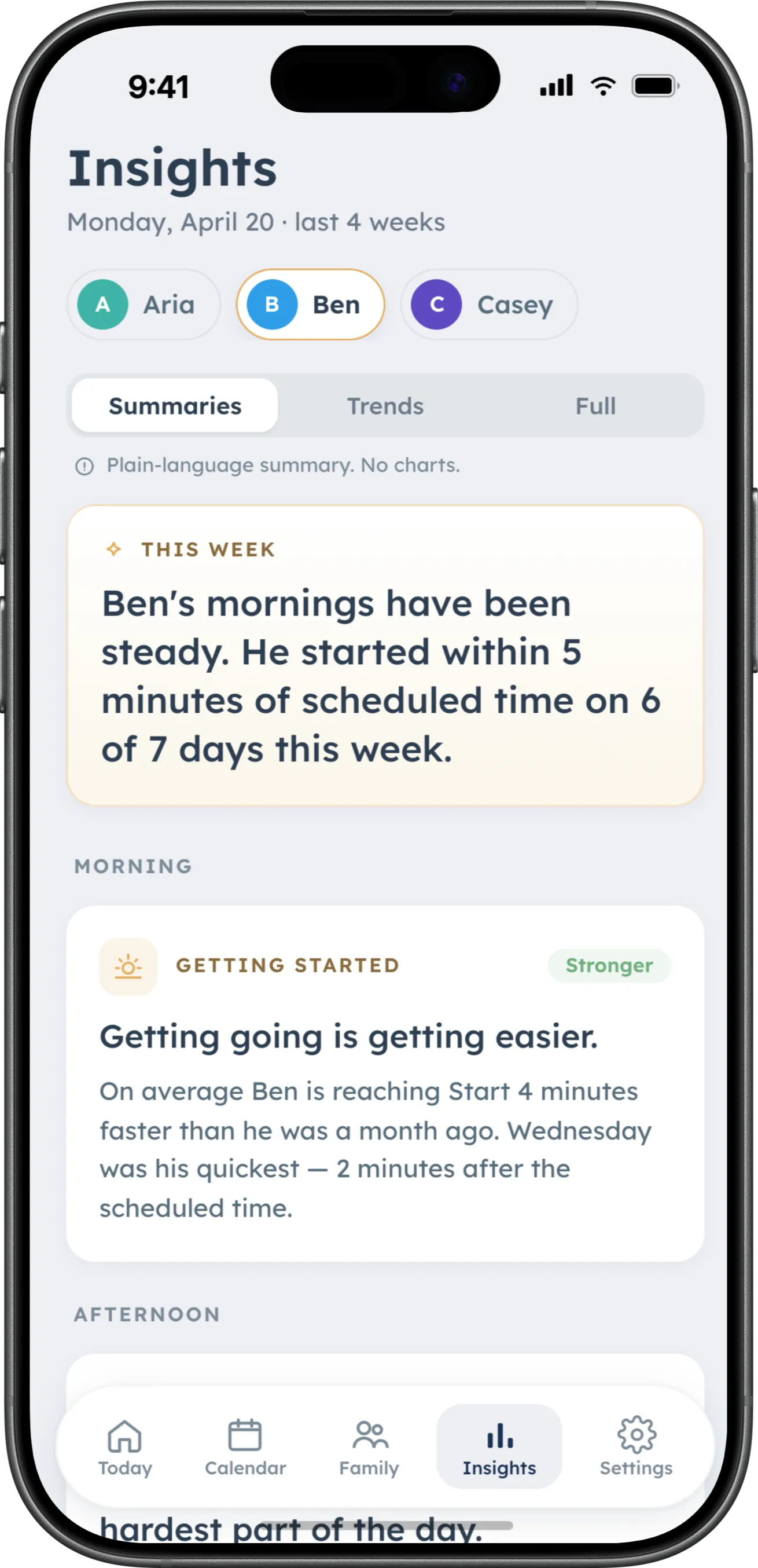 A DaySteps Insights screen on an iPhone with tabs for Summaries, Trends, and Full, showing a plain-language summary of one child's start times over the past week
