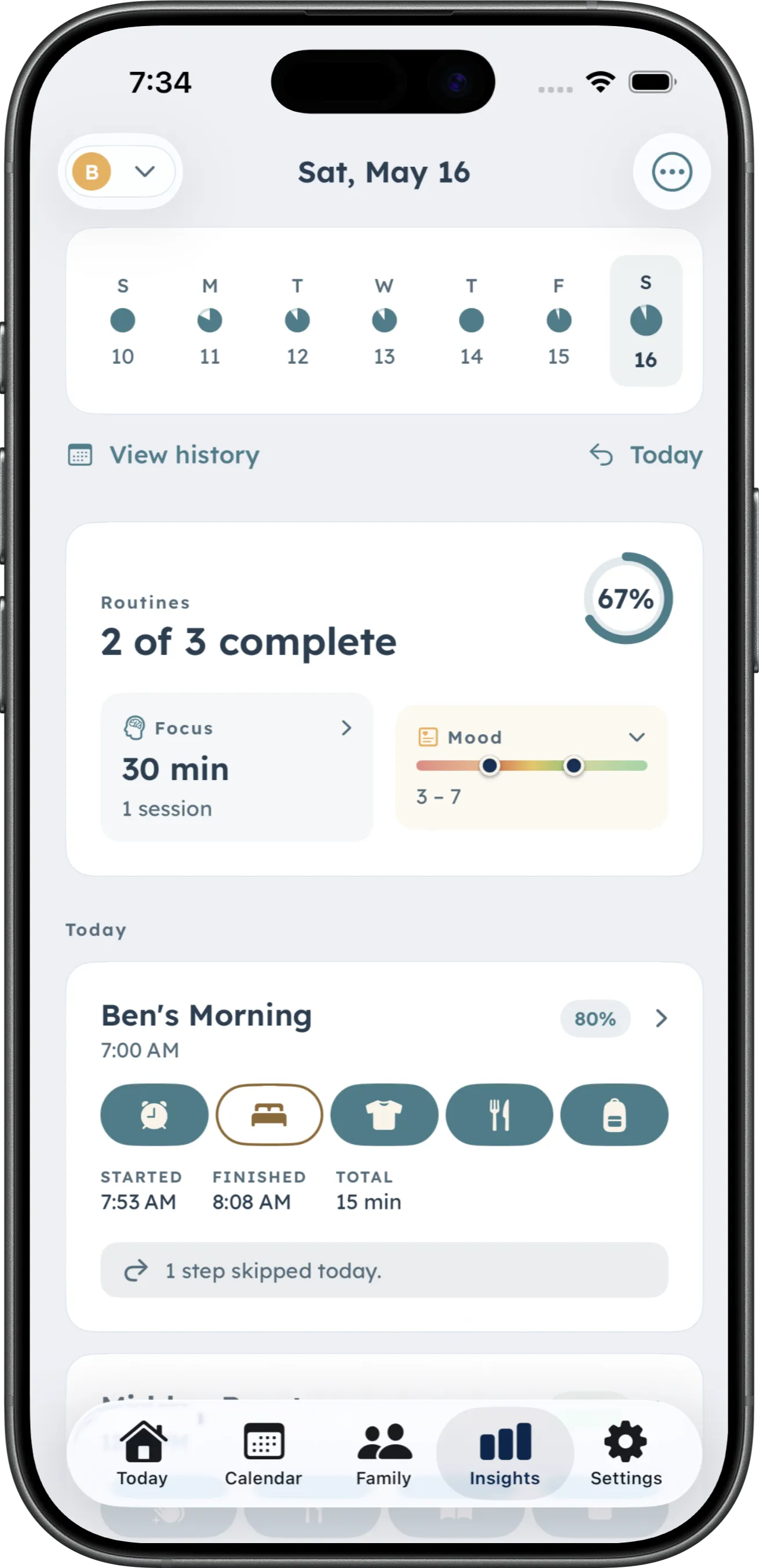 DaySteps insights summary showing how a child's week landed — what completed, what took longer, where it stalled
