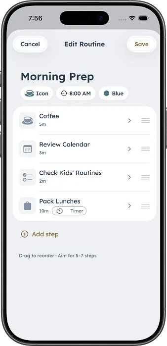 DaySteps app showing a daily routine broken into visual steps