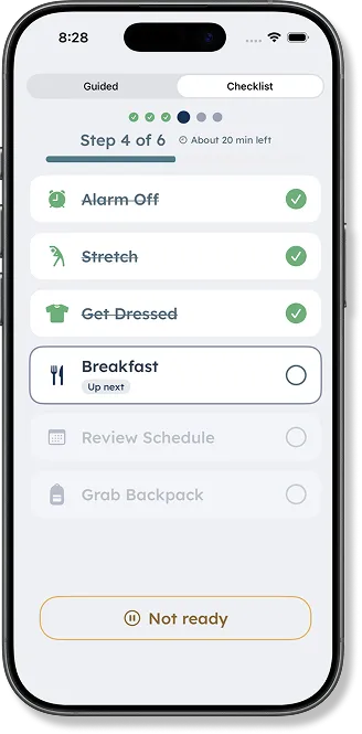 DaySteps app showing routine setup screens — parent setup tool alongside the child surface